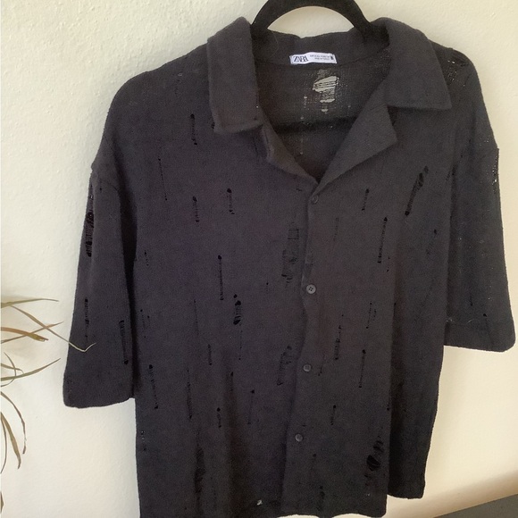 Zara Men's Shirt Distressed Knit Button Down Black Size M Resortwear Top - Picture 4 of 5